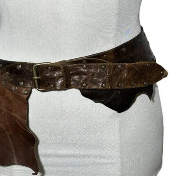 Brown Leather Small Saddle Bag Western Hip Bag Patchwork Riveted Belt Medium - Picture 4 of 10